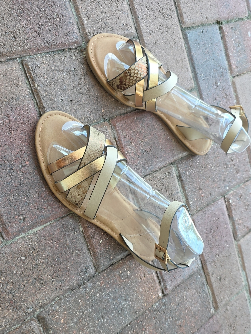 Womens Gold Strappy Flat Sandals - Elegant Summer Comfort